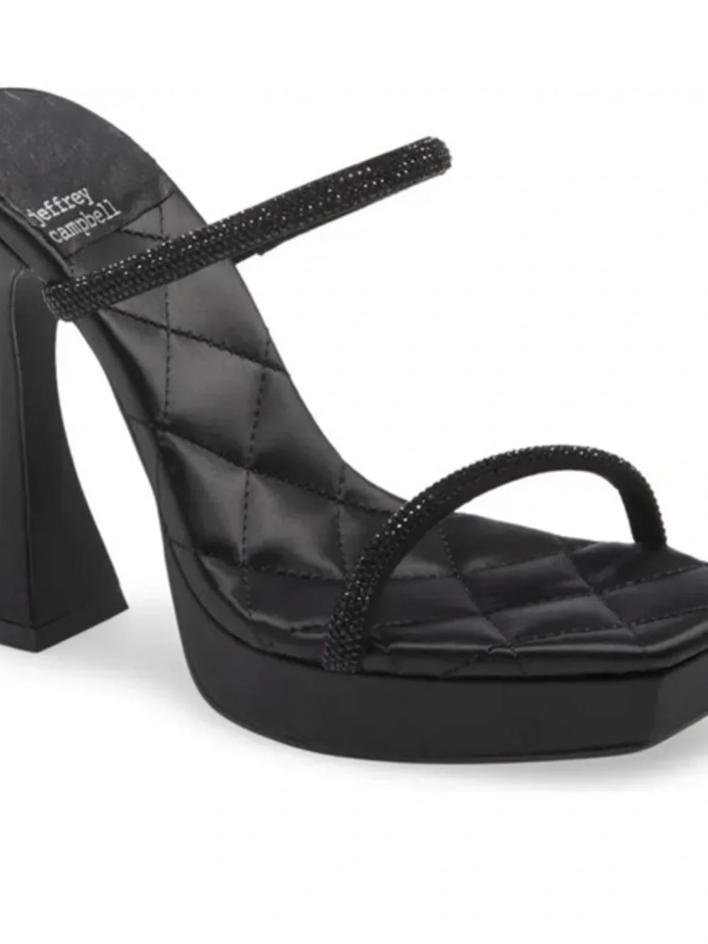 Jeffrey Campbell Black Quilted Platform Strappy Sandal with Rhinestone Straps